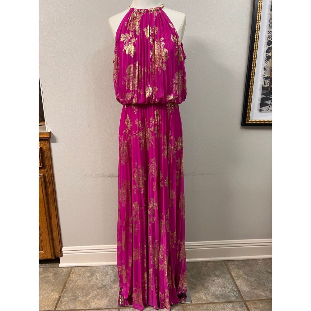 MSK Women's Embellishment Halter Neck Pleated Maxi Dress Fuchsia Gold Sz 12 NWT